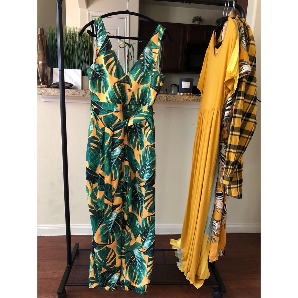 Yellow & Emerald Green Palm Print Jumpsuit